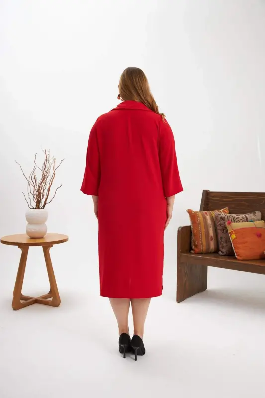Collar Brooch Detailed Slit Plus Size Dress Red - 6