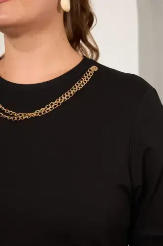 Collar Chain Detailed Plus Size Sweatshirt Black - BÜYÜKBEDENIZ (1)