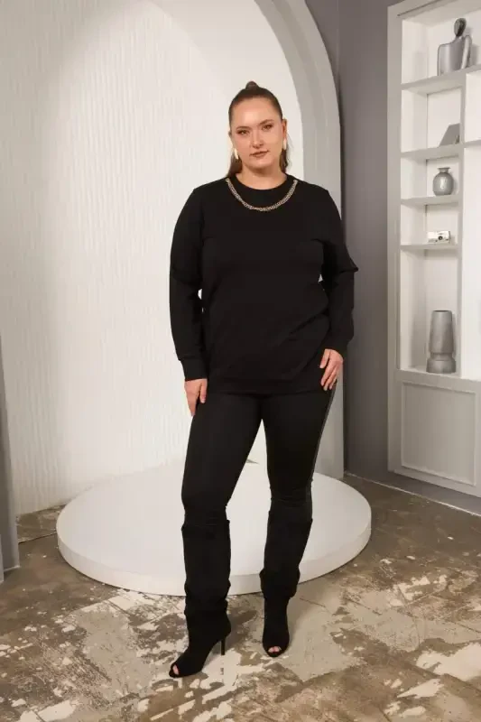 Collar Chain Detailed Plus Size Sweatshirt Black - 5