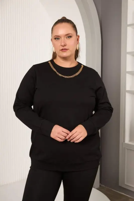 Collar Chain Detailed Plus Size Sweatshirt Black - BÜYÜKBEDENIZ