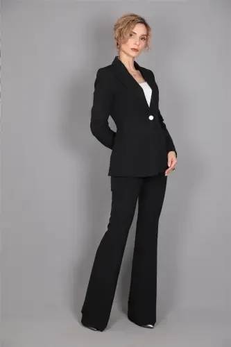 Collar Classic Jacket & Wide Leg Pants Suit - Black - 1