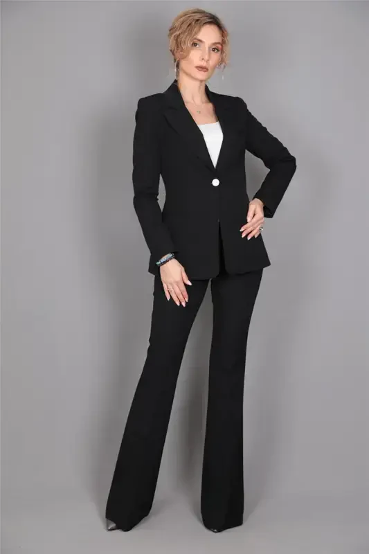 Collar Classic Jacket & Wide Leg Pants Suit - Black - 3