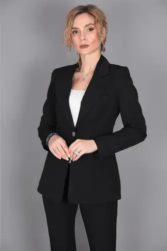 Collar Classic Jacket & Wide Leg Pants Suit - Black - 4