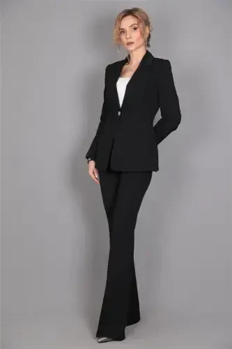 Collar Classic Jacket & Wide Leg Pants Suit - Black - 5