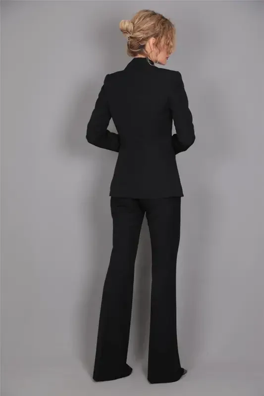 Collar Classic Jacket & Wide Leg Pants Suit - Black - 6
