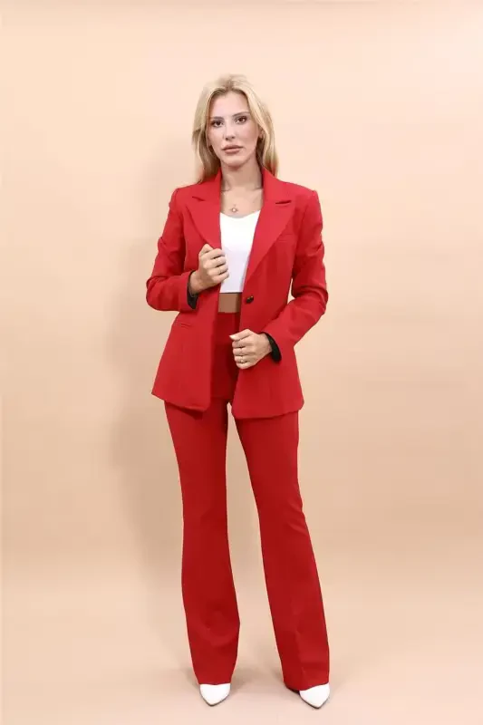 Collar Classic Jacket & Wide Leg Trousers Suit - Red - ÖNDER ÖZSOY