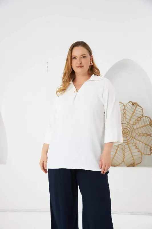 Collar Detail Plus Size Blouse Ecru - BÜYÜKBEDENIZ