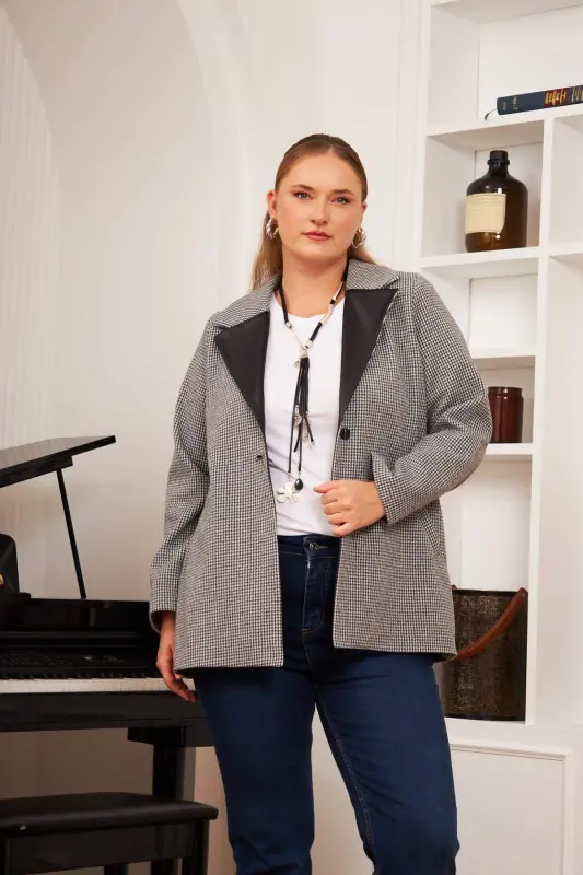 Collar Detail Plus Size Gray Jacket - BÜYÜKBEDENIZ