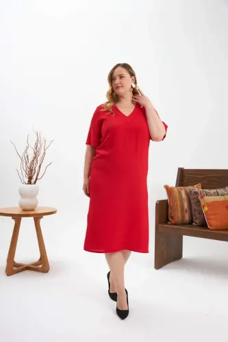 Collar Detail Slit Plus Size Dress Red - 3