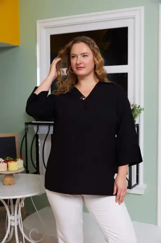 Collar Detailed Plus Size Black Blouse - BÜYÜKBEDENIZ (1)