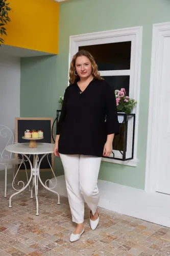 Collar Detailed Plus Size Black Blouse - 5