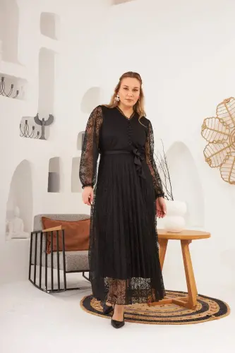 Collar Detailed Plus Size Black Lace Dress - BÜYÜKBEDENIZ (1)