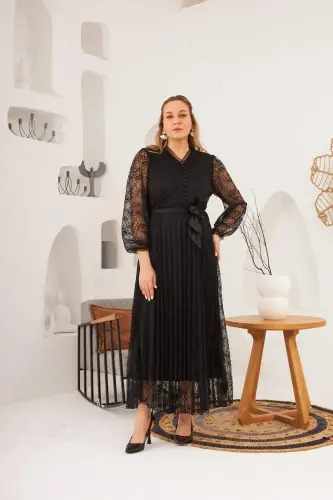 Collar Detailed Plus Size Black Lace Dress - 4