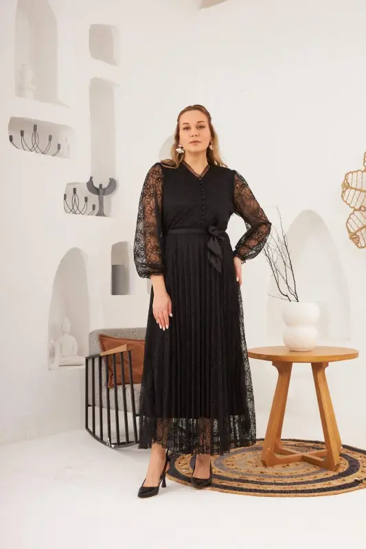 Collar Detailed Plus Size Black Lace Dress - 4