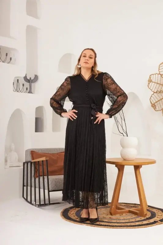 Collar Detailed Plus Size Black Lace Dress - 1