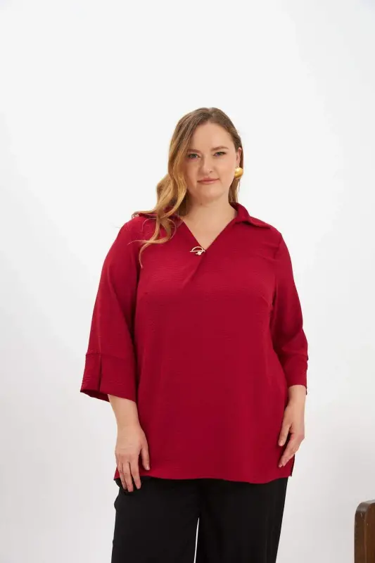 Collar Detailed Plus Size Blouse Burgundy - 1
