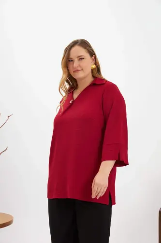 Collar Detailed Plus Size Blouse Burgundy - BÜYÜKBEDENIZ (1)