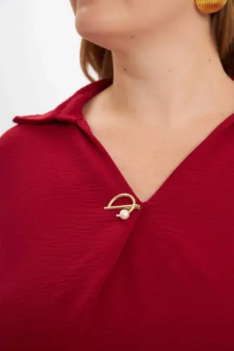 Collar Detailed Plus Size Blouse Burgundy - 3