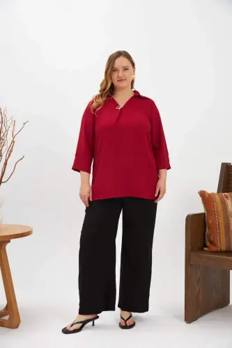 Collar Detailed Plus Size Blouse Burgundy - 5
