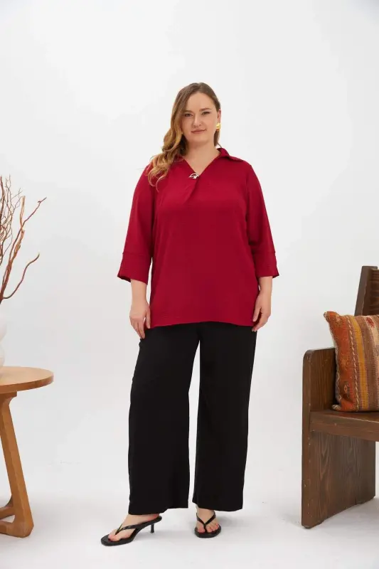 Collar Detailed Plus Size Blouse Burgundy - 5