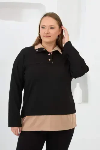 Collar Detailed Plus Size Sweatshirt Black - 1
