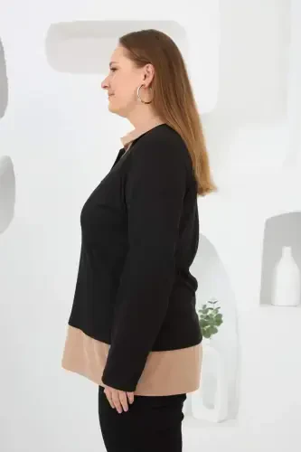 Collar Detailed Plus Size Sweatshirt Black - BÜYÜKBEDENIZ (1)