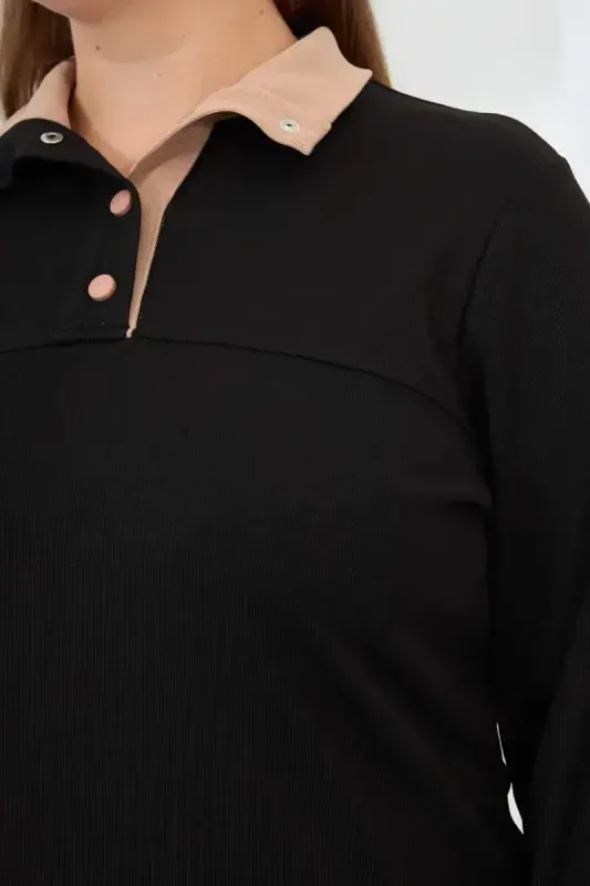 Collar Detailed Plus Size Sweatshirt Black - 3