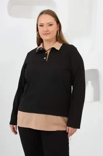 Collar Detailed Plus Size Sweatshirt Black - 4