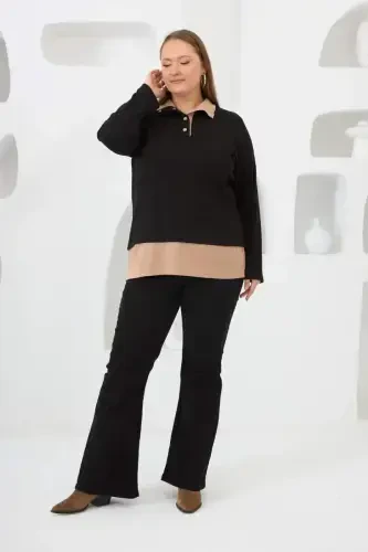 Collar Detailed Plus Size Sweatshirt Black - 5