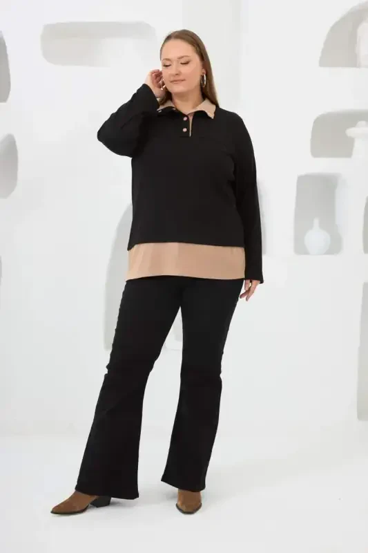 Collar Detailed Plus Size Sweatshirt Black - 5