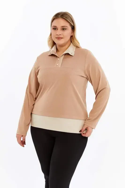 Collar Detailed Plus Size Sweatshirt Mink - 1