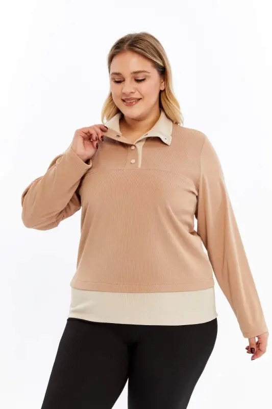 Collar Detailed Plus Size Sweatshirt Mink - 2