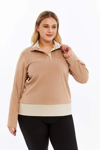 Collar Detailed Plus Size Sweatshirt Mink - 4