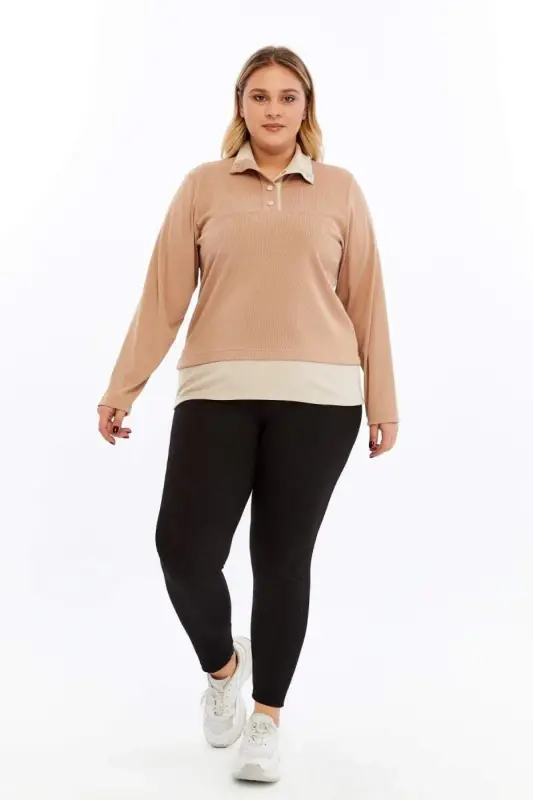 Collar Detailed Plus Size Sweatshirt Mink - 6