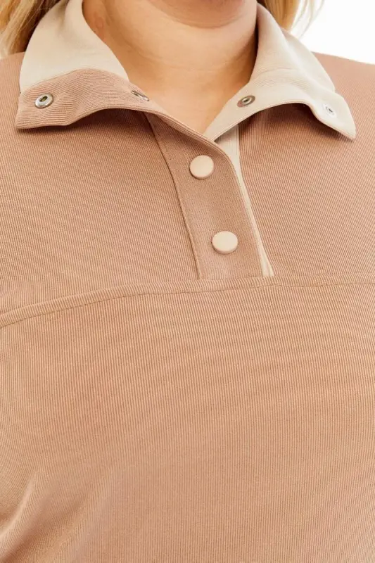 Collar Detailed Plus Size Sweatshirt Mink - 3