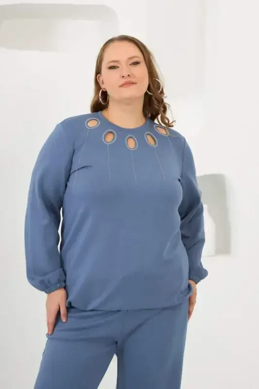 Collar Detailed Sleeve and Hem Gathered Plus Size Sweat Indigo - 1