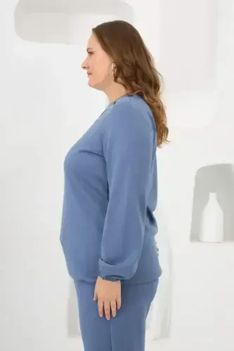 Collar Detailed Sleeve and Hem Gathered Plus Size Sweat Indigo - BÜYÜKBEDENIZ (1)