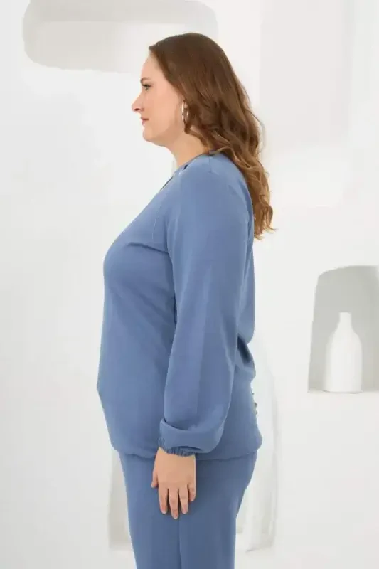 Collar Detailed Sleeve and Hem Gathered Plus Size Sweat Indigo - 2