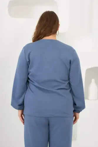 Collar Detailed Sleeve and Hem Gathered Plus Size Sweat Indigo - 4