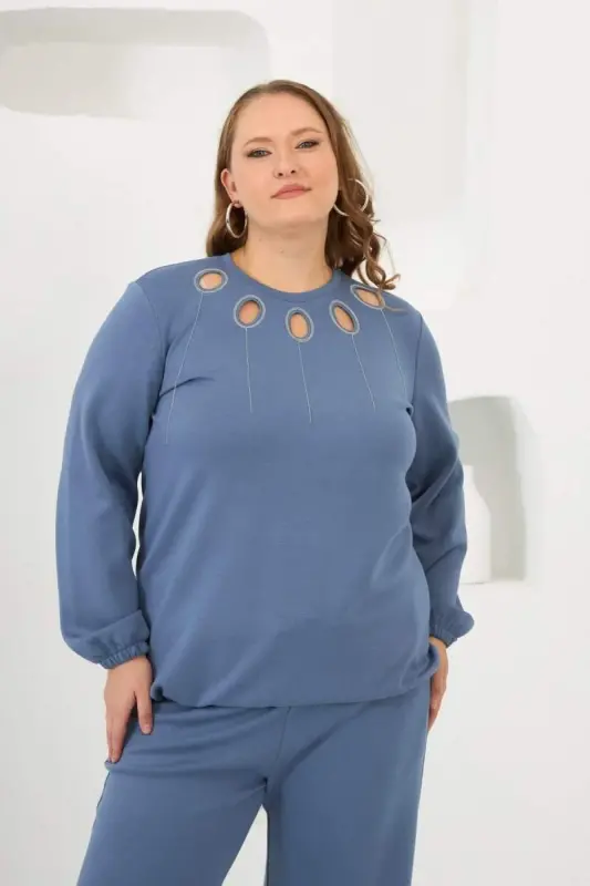 Collar Detailed Sleeve and Hem Gathered Plus Size Sweat Indigo - BÜYÜKBEDENIZ