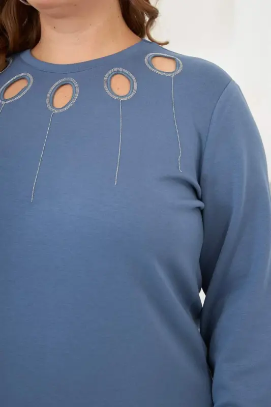 Collar Detailed Sleeve and Hem Gathered Plus Size Sweat Indigo - 3