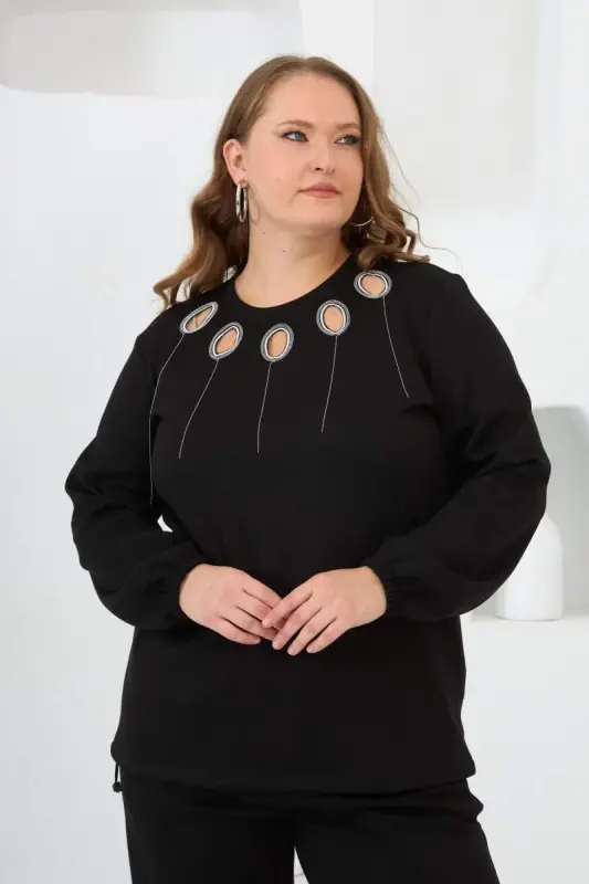 Collar Detailed Sleeve and Hem Gathered Plus Size Sweatshirt Black - 1