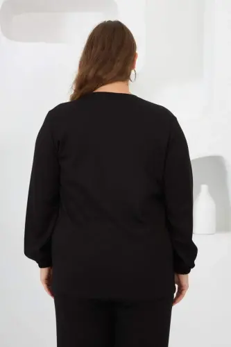 Collar Detailed Sleeve and Hem Gathered Plus Size Sweatshirt Black - 4