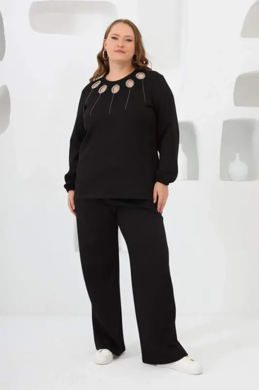 Collar Detailed Sleeve and Hem Gathered Plus Size Sweatshirt Black - 5