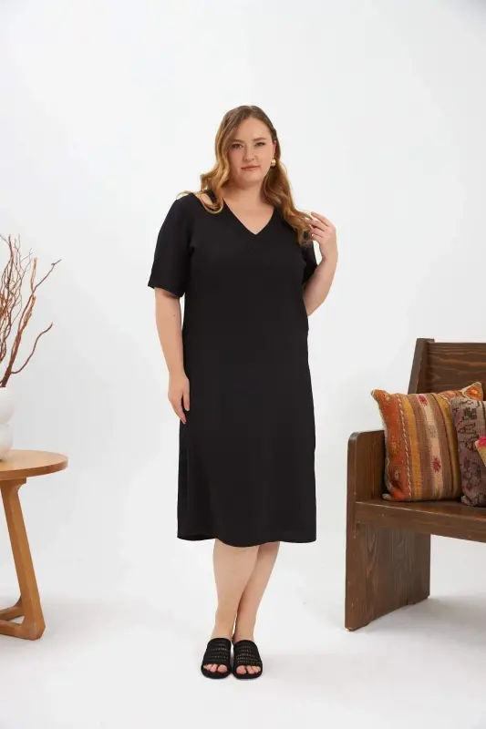 Collar Detailed Slit Plus Size Dress Black - BÜYÜKBEDENIZ
