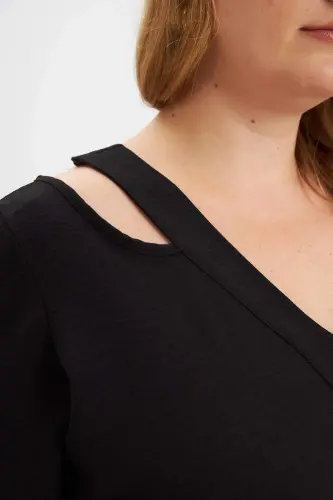 Collar Detailed Slit Plus Size Dress Black - 2