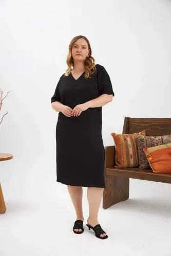 Collar Detailed Slit Plus Size Dress Black - 8