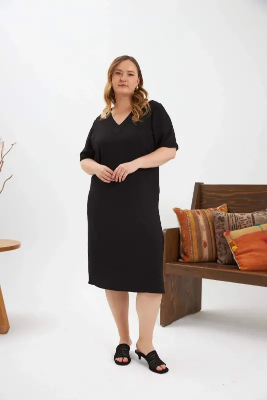 Collar Detailed Slit Plus Size Dress Black - 3