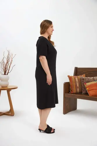 Collar Detailed Slit Plus Size Dress Black - 4