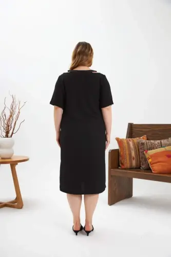 Collar Detailed Slit Plus Size Dress Black - 5